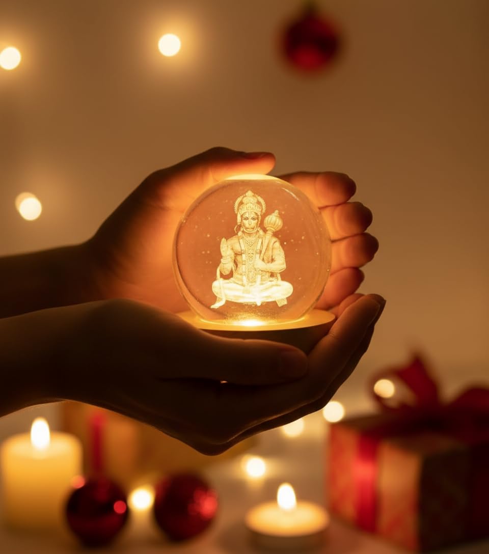 3D Hanuman Crystal Ball LED Night Lamp, Spiritual Engraved Design with Wooden Base, Decorative Night Light for Home Mandir, Gift (Hanuman)
