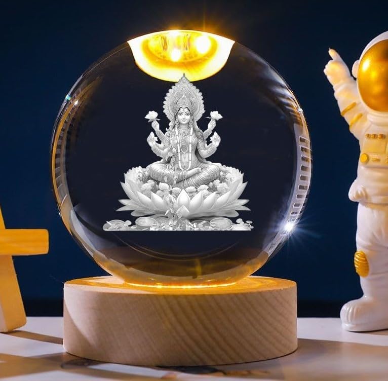 3D Galaxy Crystal Ball Night Lamp, USB Table Colorful Led Wooden Crystal Ball Pack of 2 (Ganesh Ji Laxmi Ji)