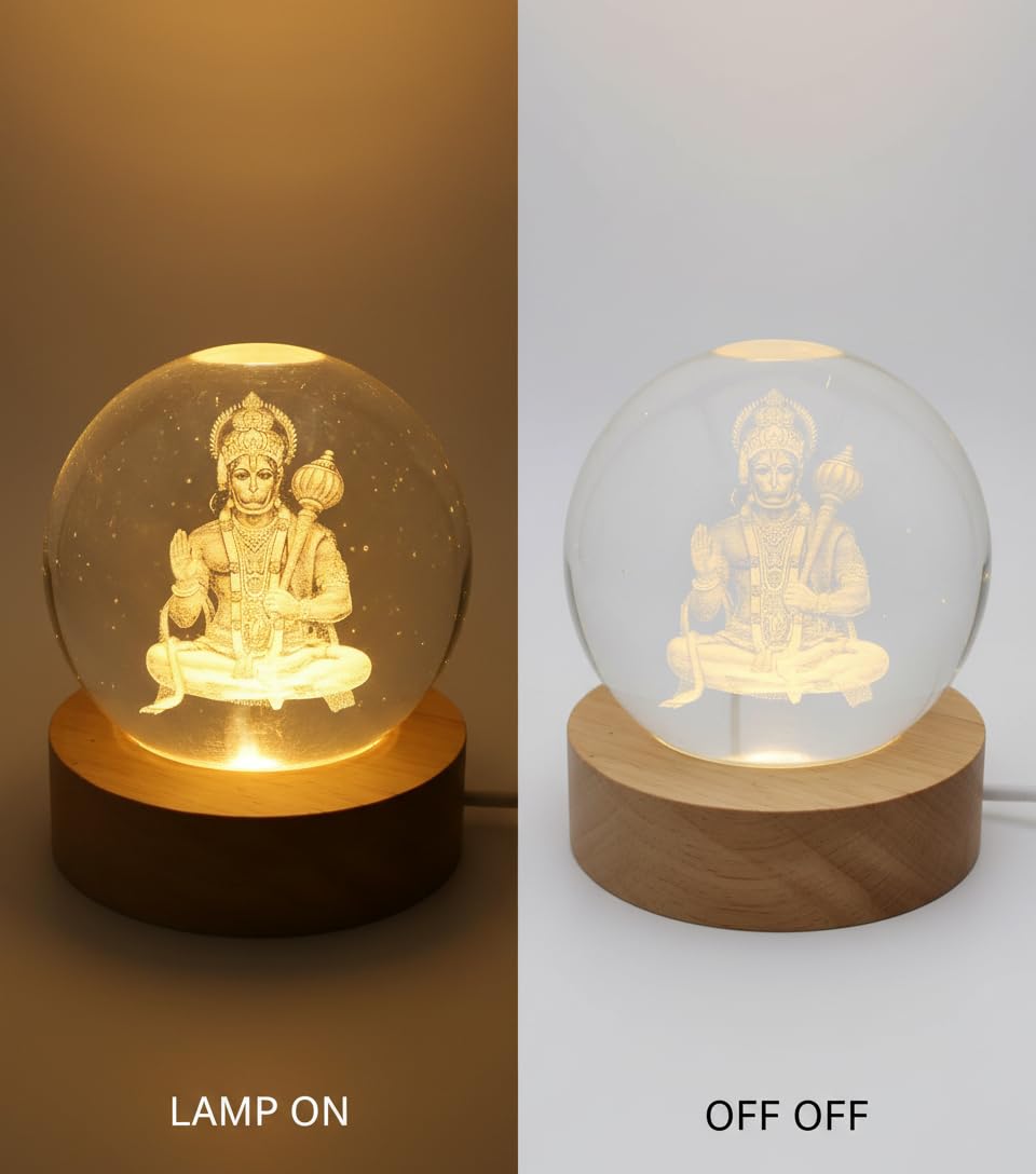 3D Hanuman Crystal Ball LED Night Lamp, Spiritual Engraved Design with Wooden Base, Decorative Night Light for Home Mandir, Gift (Hanuman)