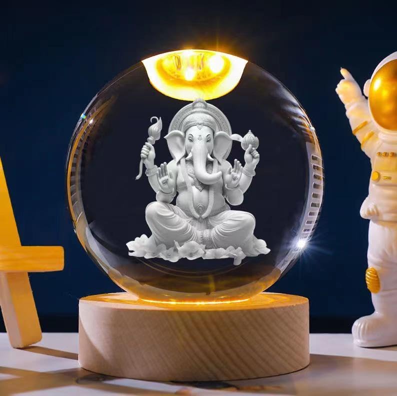 3D Galaxy Crystal Ball Night Lamp, USB Table Colorful Led Wooden Crystal Ball Pack of 2 (Ganesh Ji Laxmi Ji)