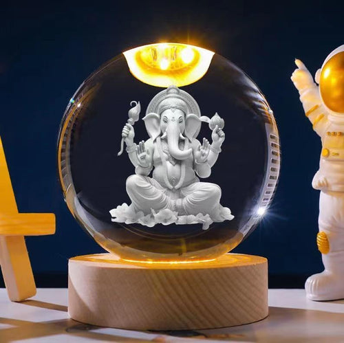 3D Galaxy Crystal Ball Night Lamp, USB Table Colorful Led Wooden Crystal Ball Pack of 2 (Ganesh Ji Laxmi Ji)