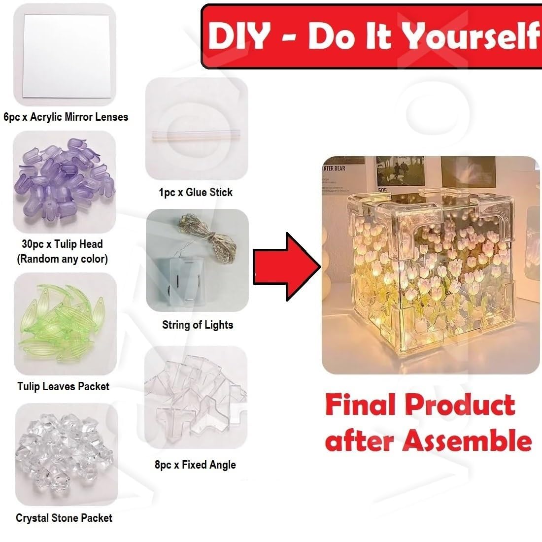 DIY Infinity Mirror Tulip Cube LED Lamp - 20 LED Flower Lights