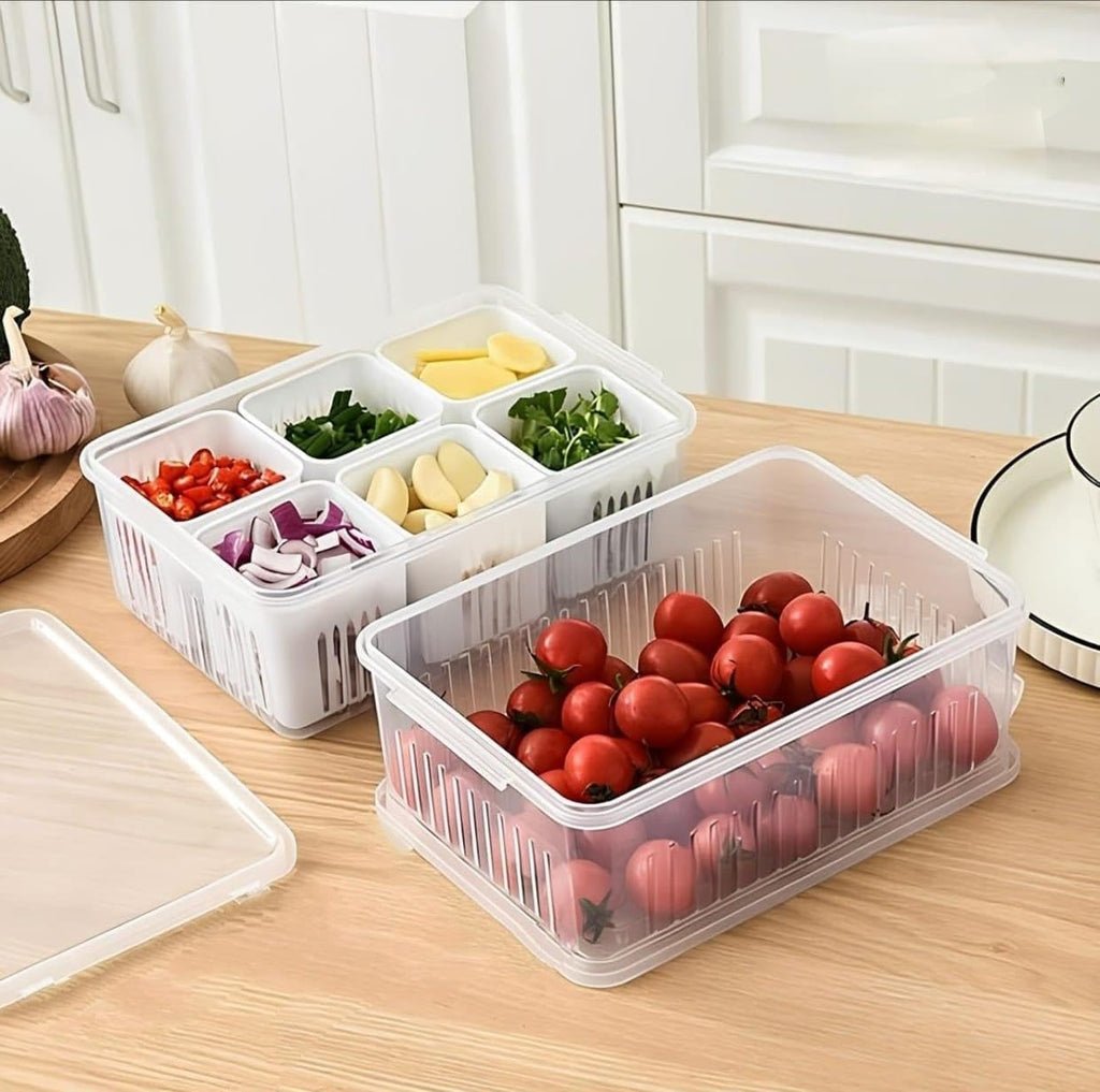 Fridge Storage Containers for Kitchen | 6-Grid Refrigerator Organizer with Removable Drain Plate & Airtight Lids
