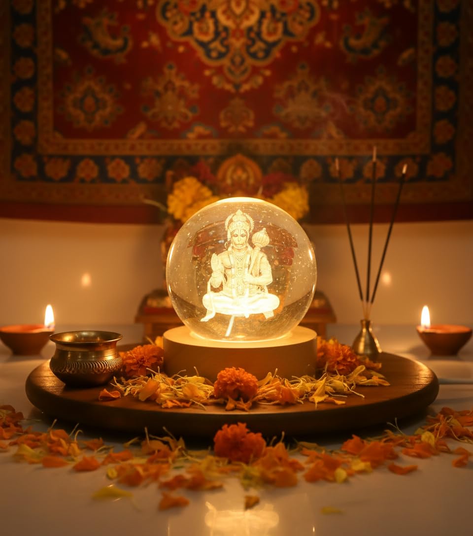 3D Hanuman Crystal Ball LED Night Lamp, Spiritual Engraved Design with Wooden Base, Decorative Night Light for Home Mandir, Gift (Hanuman)