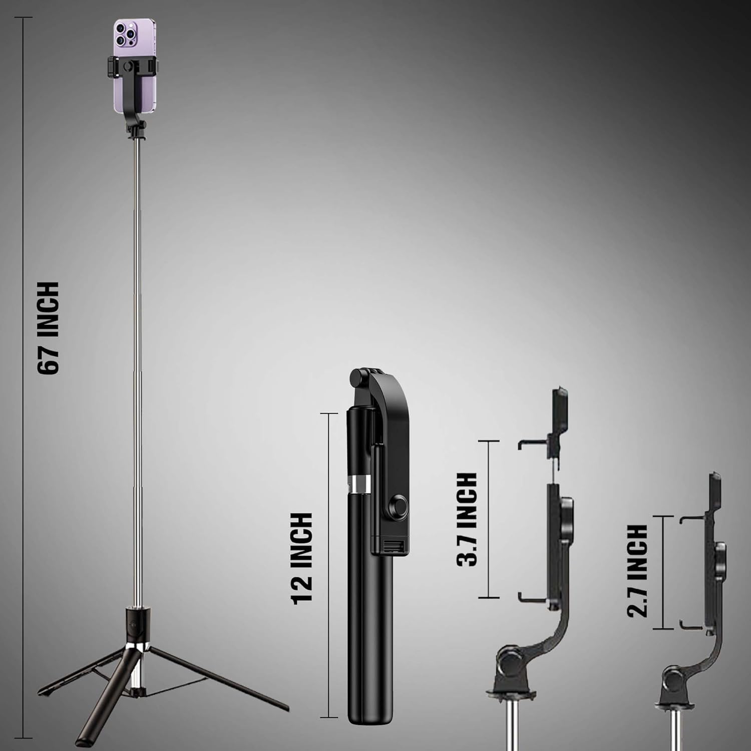 Long Selfie Stick Tripod Stand with Wireless Remote, Long Tripod Stand with 360° Rotation