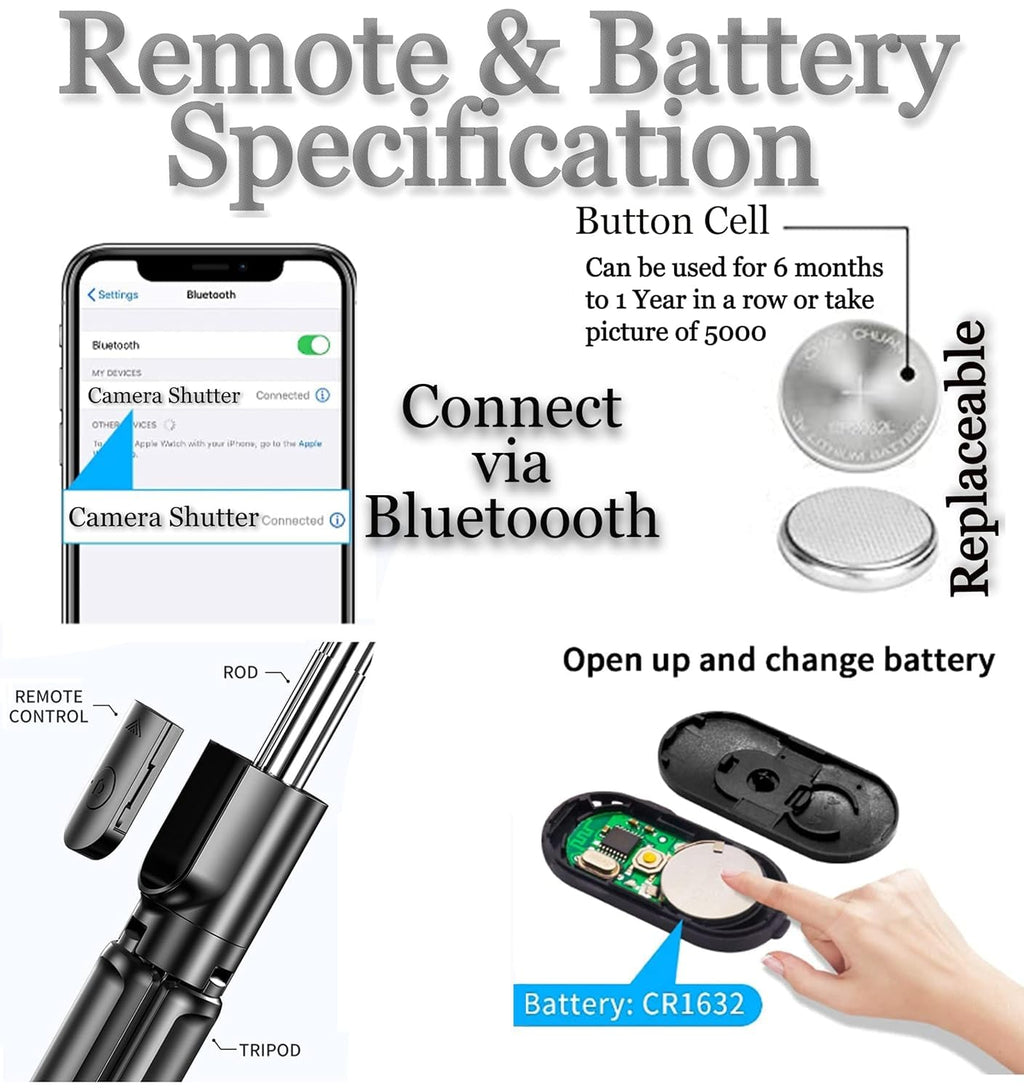 Long Selfie Stick Tripod Stand with Wireless Remote, Long Tripod Stand with 360° Rotation