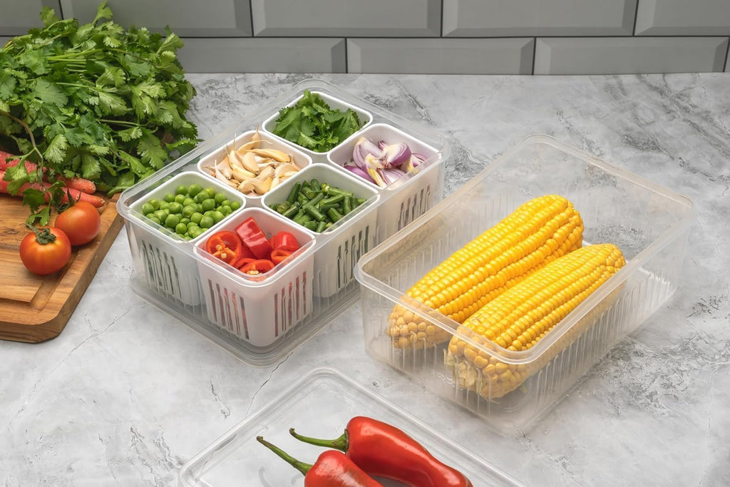 Fridge Storage Containers for Kitchen | 6-Grid Refrigerator Organizer with Removable Drain Plate & Airtight Lids