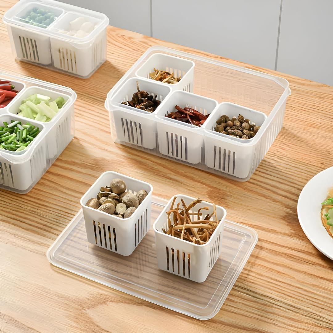 Fridge Storage Containers for Kitchen | 6-Grid Refrigerator Organizer with Removable Drain Plate & Airtight Lids