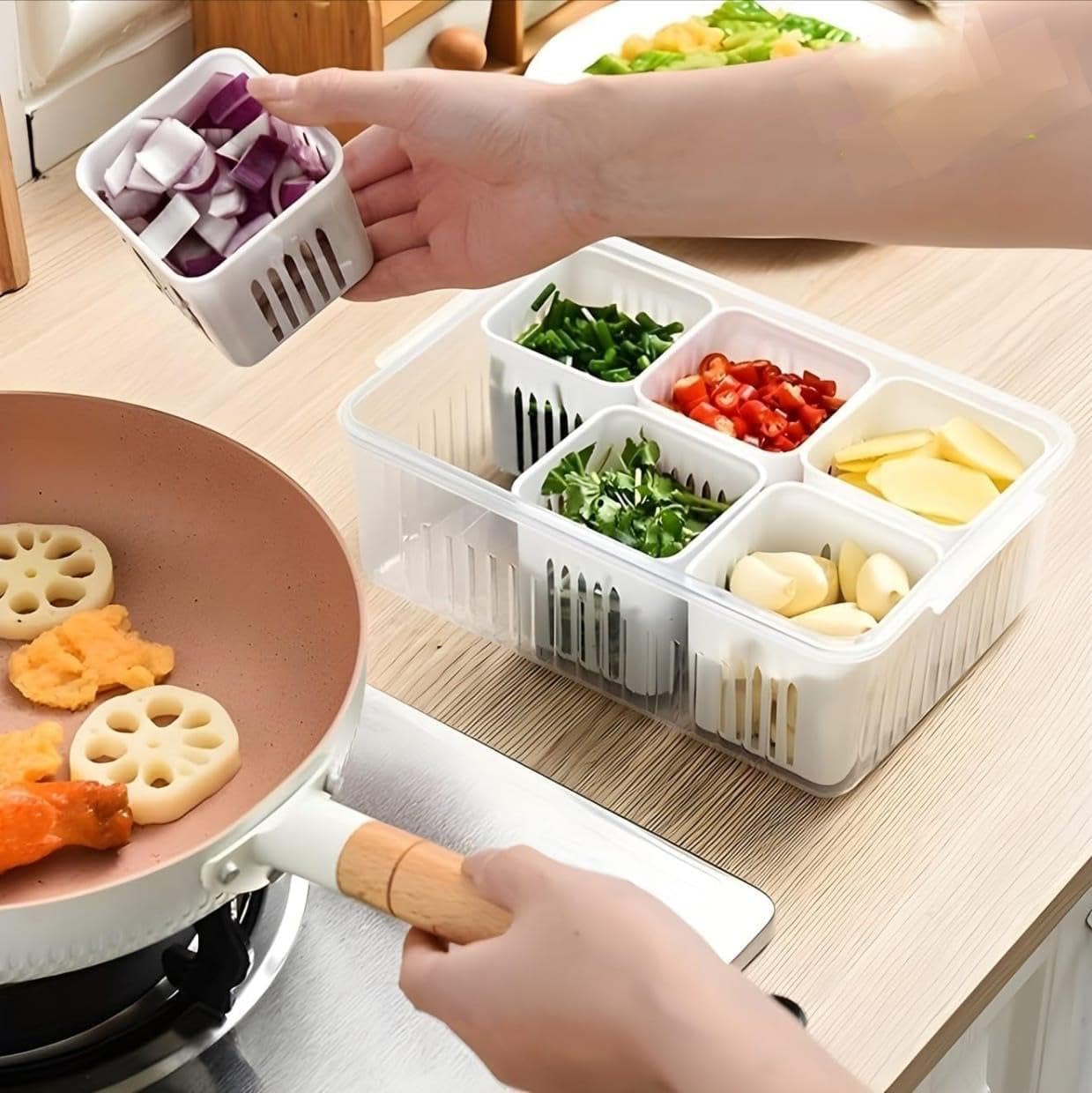 Fridge Storage Containers for Kitchen | 6-Grid Refrigerator Organizer with Removable Drain Plate & Airtight Lids