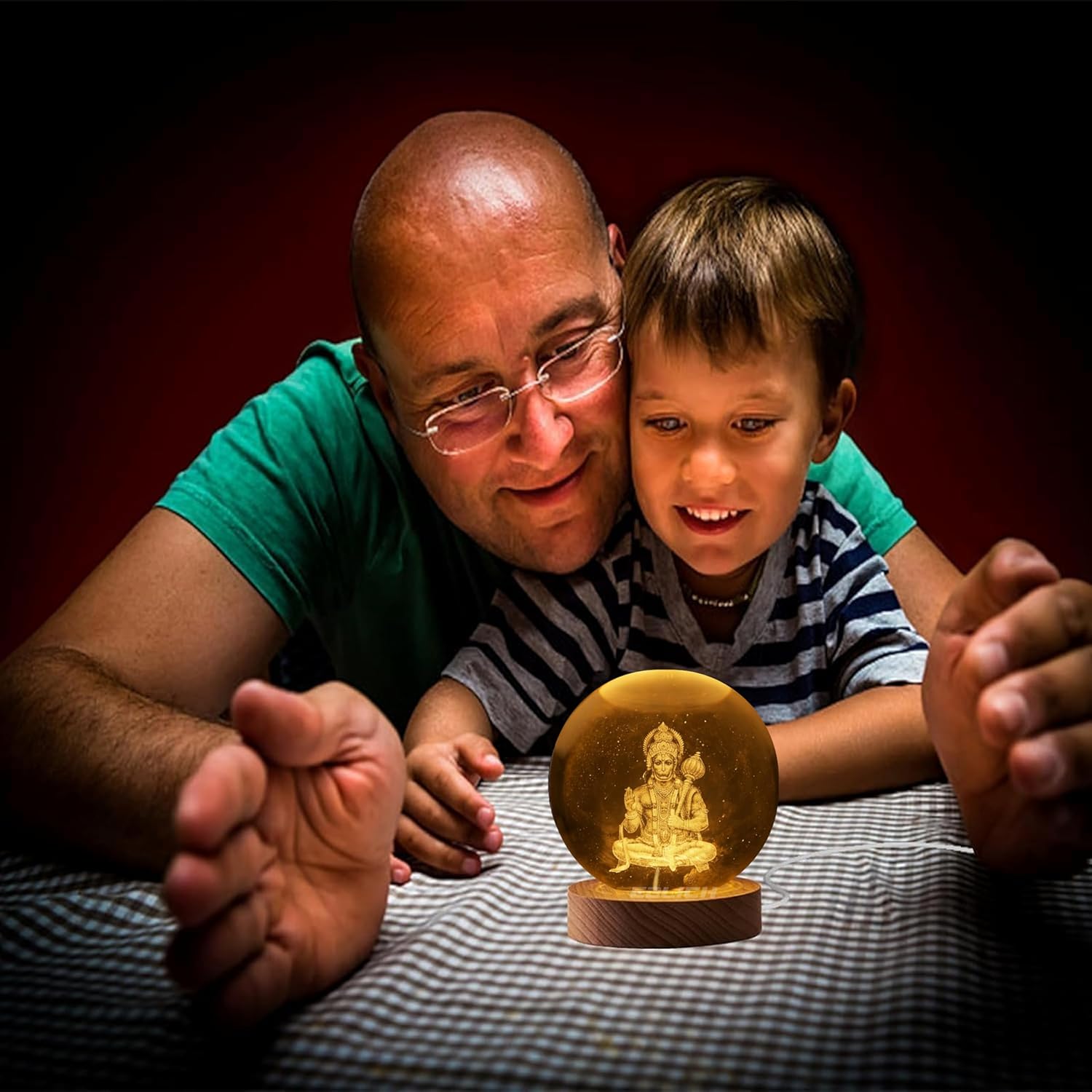 3D Hanuman Crystal Ball LED Night Lamp, Spiritual Engraved Design with Wooden Base, Decorative Night Light for Home Mandir, Gift (Hanuman)
