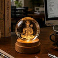 3D Hanuman Crystal Ball LED Night Lamp, Spiritual Engraved Design with Wooden Base, Decorative Night Light for Home Mandir, Gift (Hanuman)