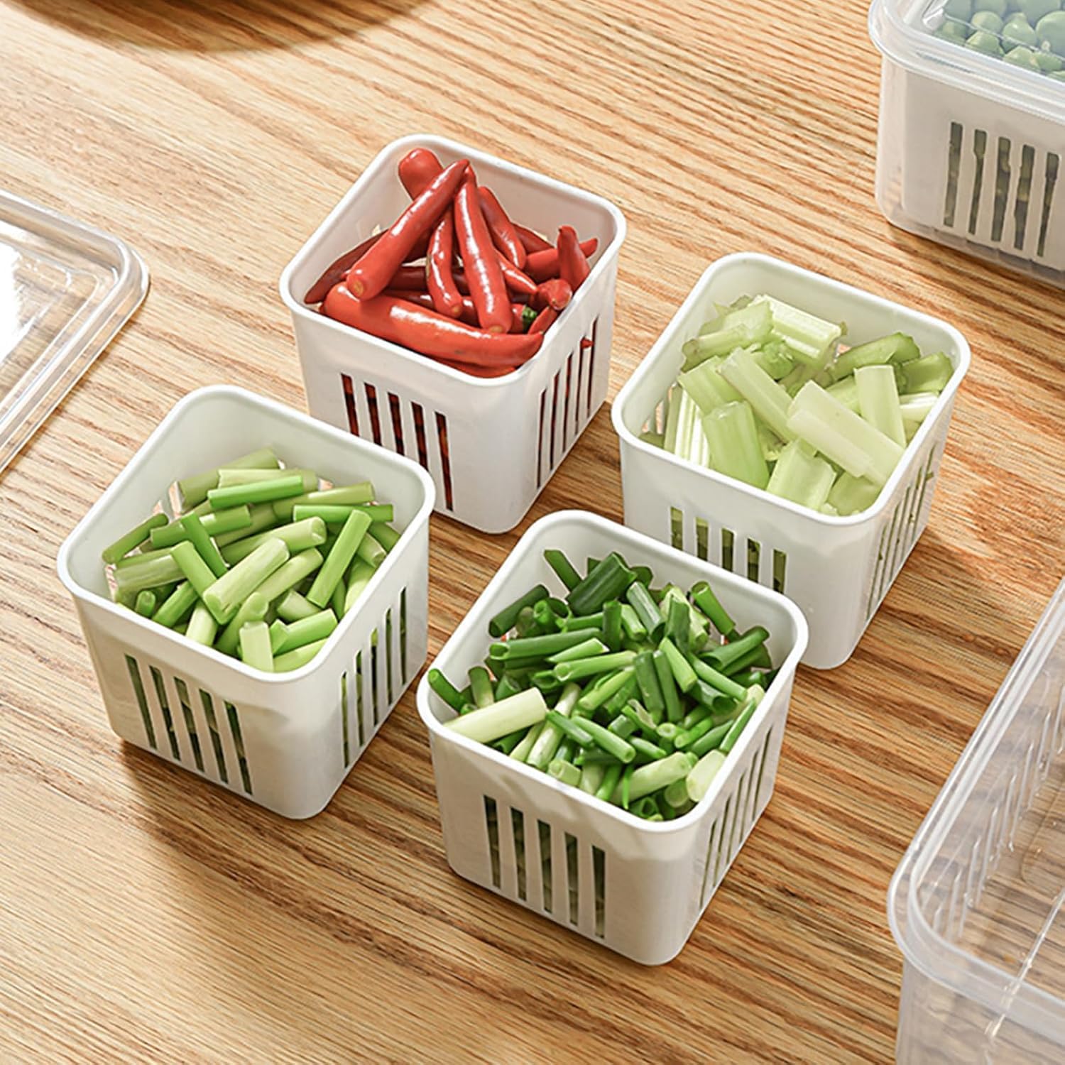 Fridge Storage Containers for Kitchen | 6-Grid Refrigerator Organizer with Removable Drain Plate & Airtight Lids