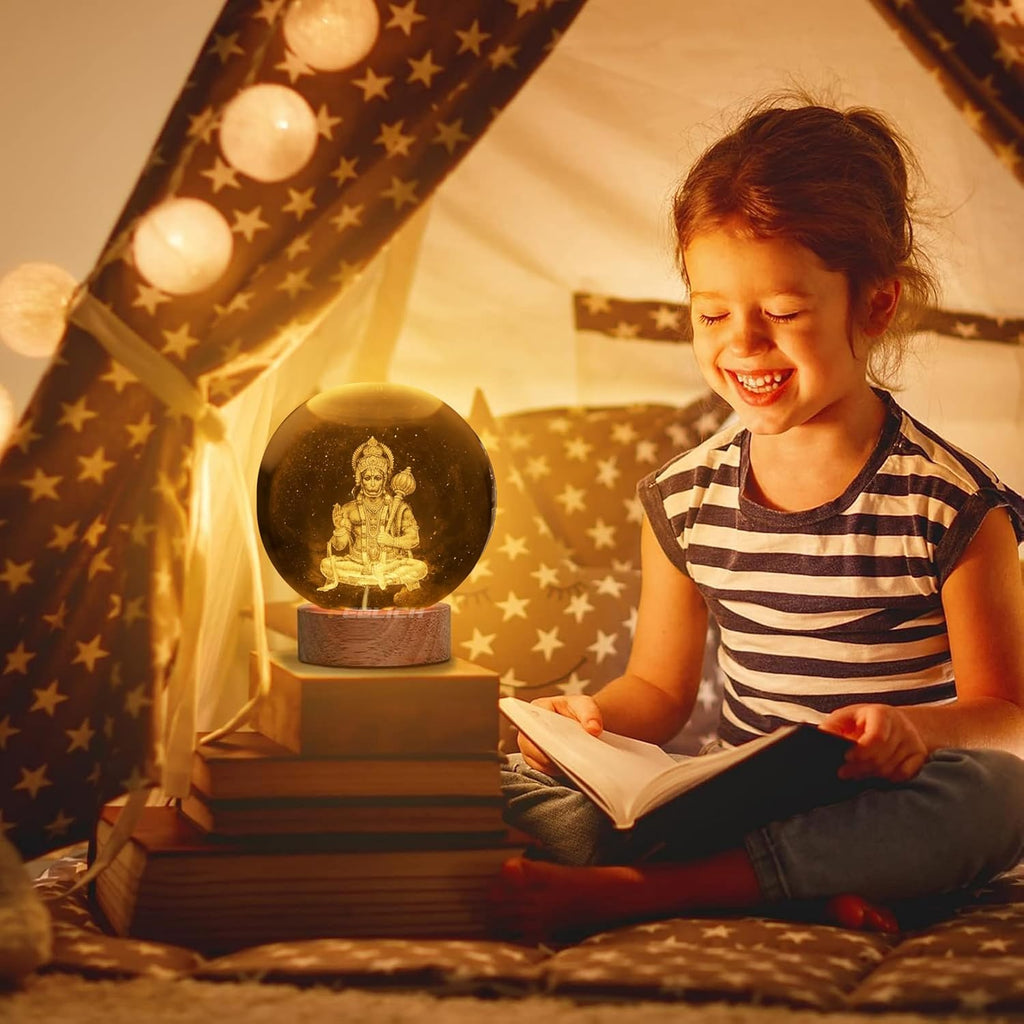 3D Hanuman Crystal Ball LED Night Lamp, Spiritual Engraved Design with Wooden Base, Decorative Night Light for Home Mandir, Gift (Hanuman)