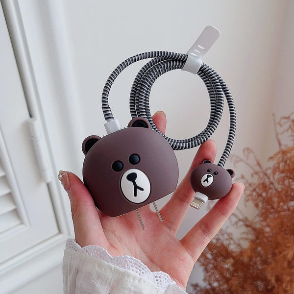 Charger Protector for iPhone Silicone Cover with Cable Saver-3D Brown Bear