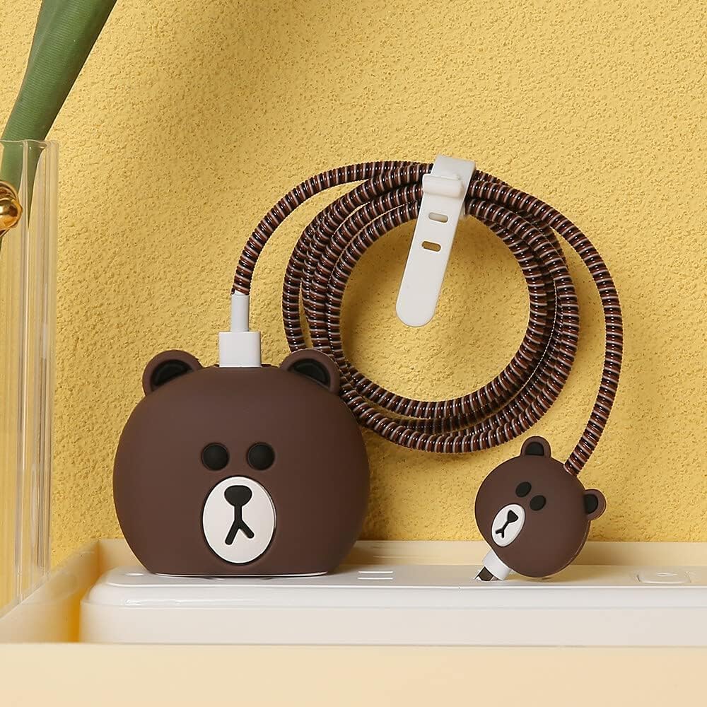 Charger Protector for iPhone Silicone Cover with Cable Saver-3D Brown Bear