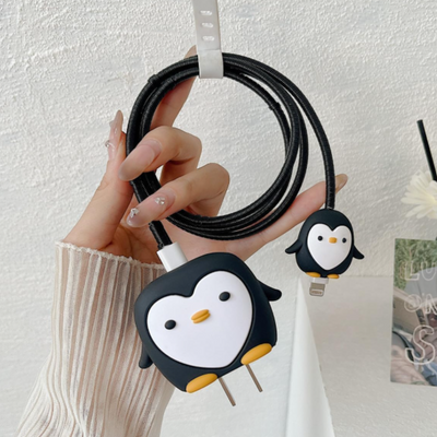Black Penguin Charger Case & Cable Protector for iPhone